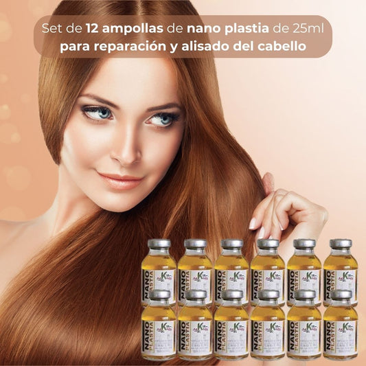 Set de 12 ampollas de nano plastia de 25ml para reparación y alisado del cabello